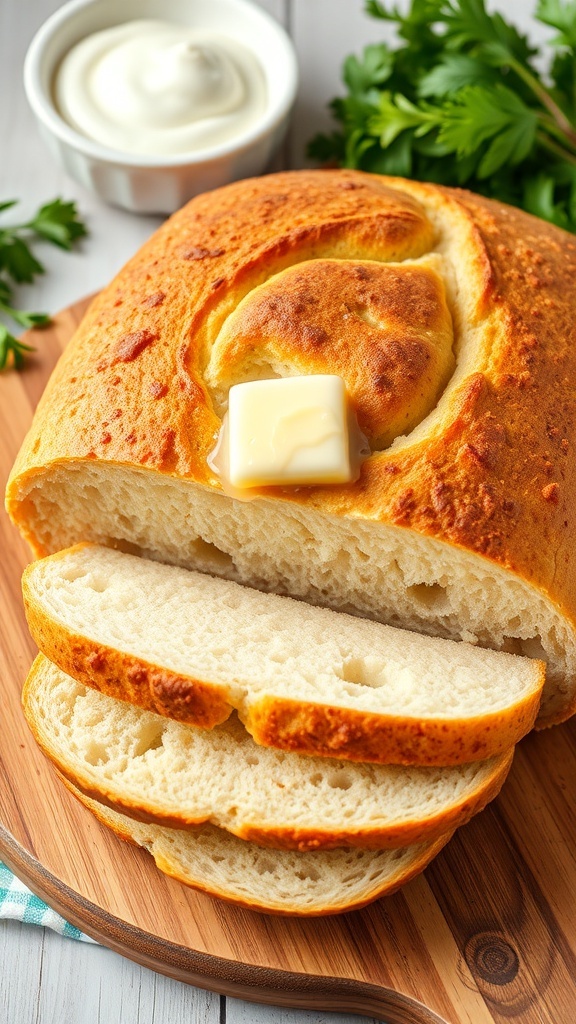 A golden brown loaf of no-yeast bread sliced on a cutting board with butter melting on top.